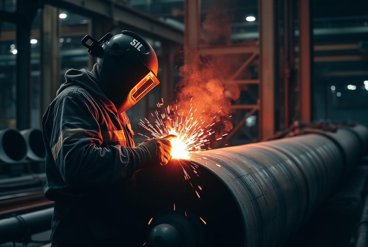 Welder joining a large pipe spool at a fabrication yard
