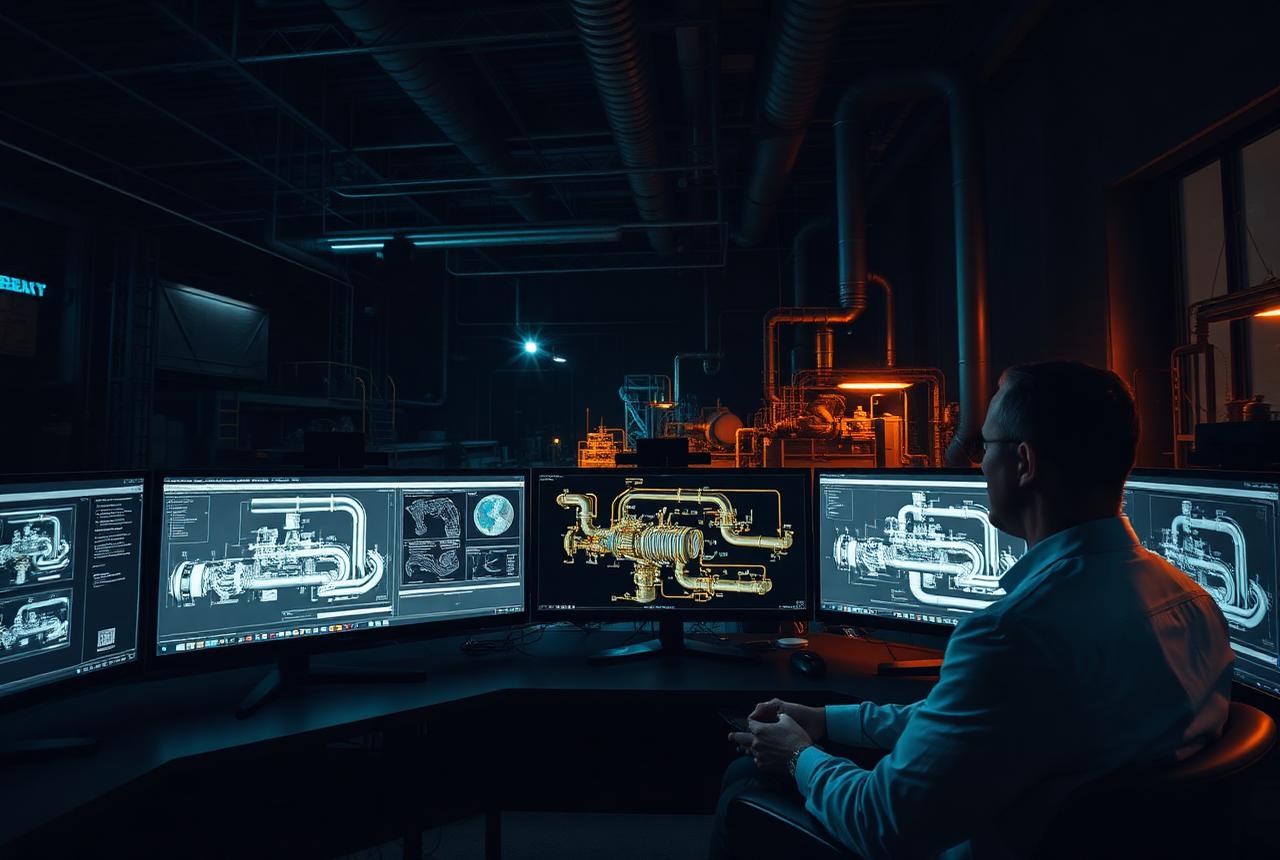 Engineer reviewing process and piping design drawings on multiple monitors