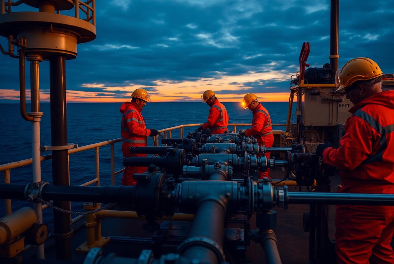 Technicians commissioning process piping on an offshore platform deck at dusk