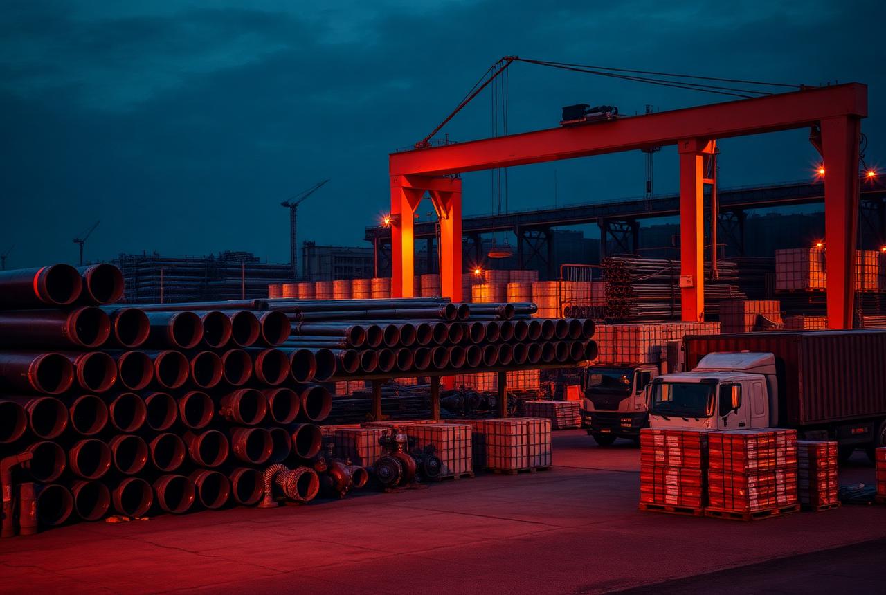 Stacked large-diameter line pipe, valves and crated equipment in a procurement yard